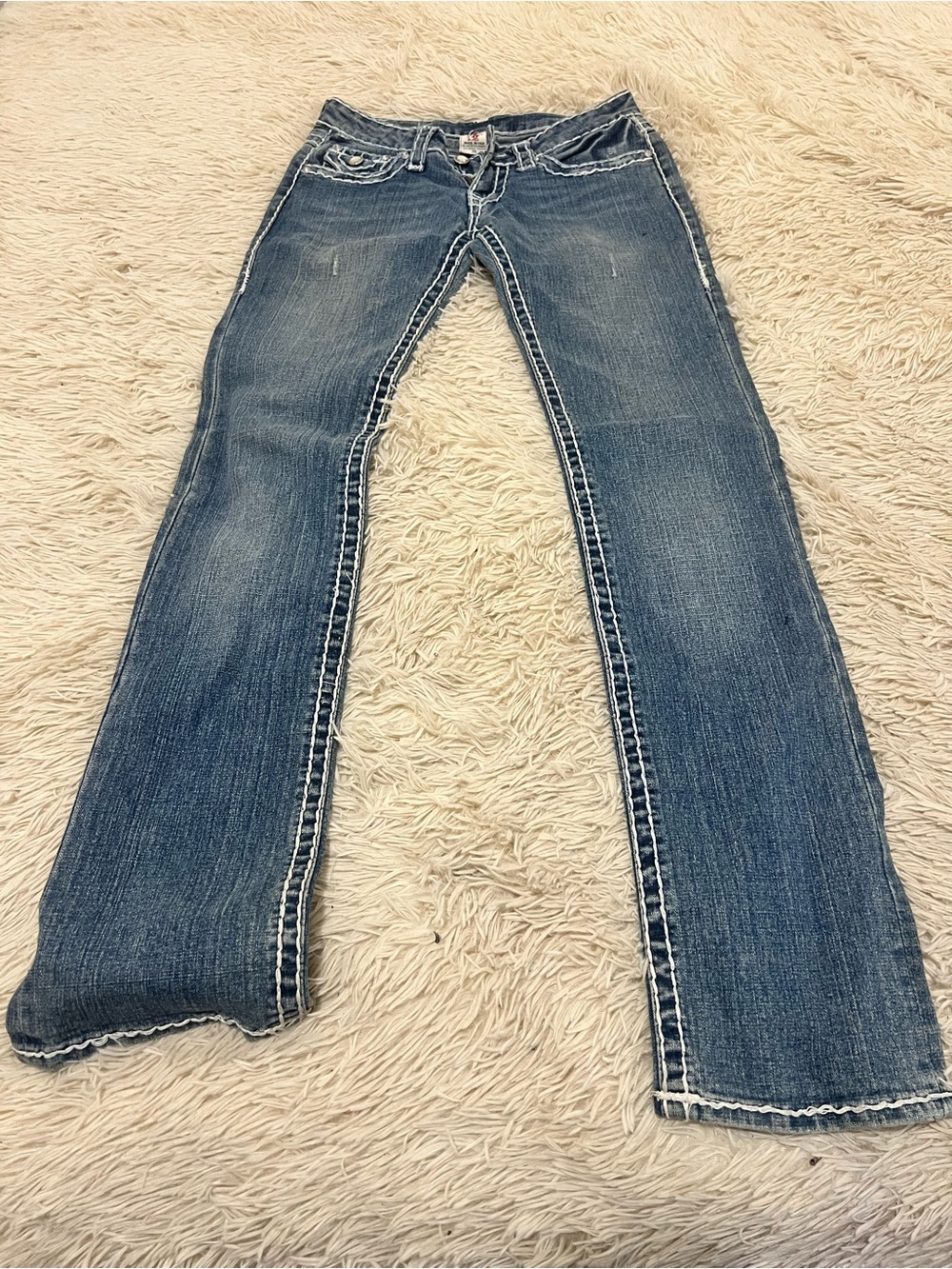 True Religion Women's Medium Blue Flared Jeans with Contrast Stitching
